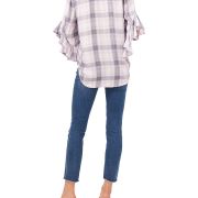 Vince Camuto Women’s Plaid Print Ruffle Sleeve Henley Top Purple S B4HP $79