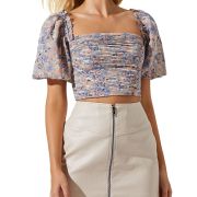 ASTR the Label Women’s Lin Puff Sleeve Crop Top Blue XS B4HP $88