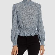 Lucy Paris Women’s Blue Black Long-Sleeve Ruffle Smocked Blouse Top XS B4HP $68