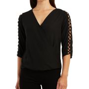 BCX Women’s Juniors’ Surplice V-Neck Latticed 3/4-Sleeve Top Black B4HP