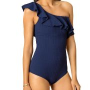 Shoshanna Women’s Ruffle One Shoulder One Piece Swimsuit Blue Size 4 B4HP $250