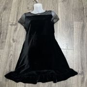 Women Black Velvet Illusion Neckline Flounce Hem Dress Black S