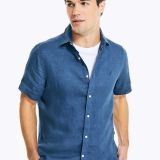 Nautica Men's Classic-Fit Solid Linen Short-Sleeve Shirt Blue B4HP
