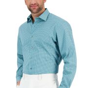 Alfani Men’s Regular Fit Stain Resistant Geo Print Dress Shirt Teal B4HP