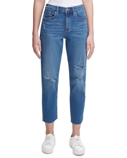 Calvin Klein Distressed High-Rise Straight-Leg Jeans Montego Size 25 B4HP