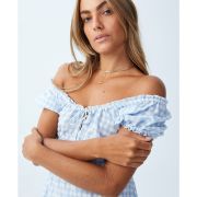 Cotton On Women’s Milly Sweetheart Puff Sleeve Mini Dress Blue Gingham L B4HP