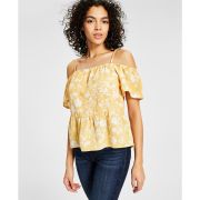Hippie Rose Juniors’ Elasticized Short-Sleeve Cold-Shoulder Top B4HP