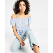 Hippie Rose Juniors’ Elasticized Short-Sleeve Cold-Shoulder Top B4HP