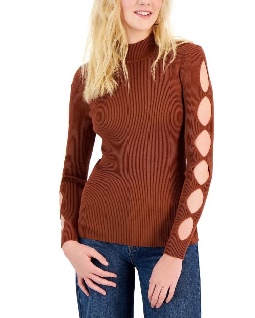 Crave Fame Juniors' Cutout-Sleeve Mock-Neck Sweater Brown XS B4HP