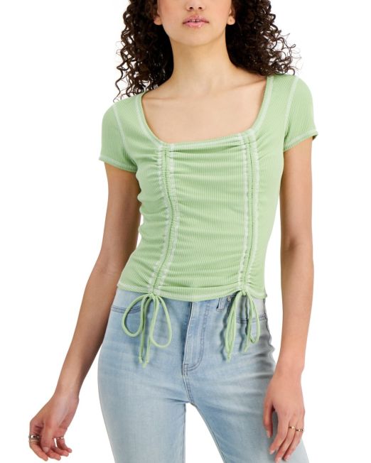 Just Polly Juniors' Square-Neck Ruched Top Small Sage B4HP