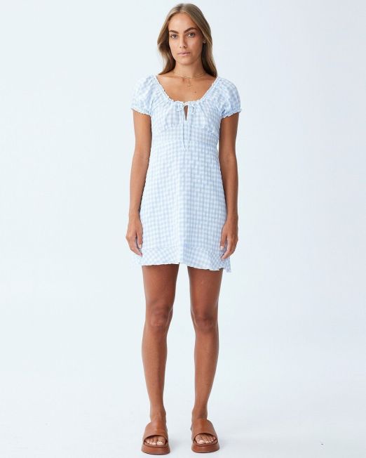 Cotton On Women's Milly Sweetheart Puff Sleeve Mini Dress Blue Gingham L B4HP