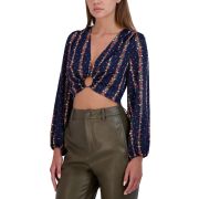 BCBGeneration Women’s V-Neck Long-Sleeve O-Ring Top Blue XS B4HP