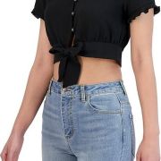 BCBGeneration Women’s Short Sleeve Button Down Tie Front Crop Top Black B4HP