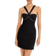 Aqua Women’s Black Rhinestone Mini Cocktail and Party Dress B4HP