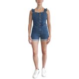 Almost Famous Juniors' Ruffled Stretch-Denim Shortalls Medium Wash Small B4HP