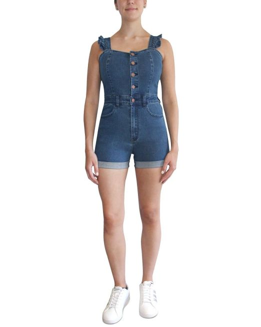 Almost Famous Juniors' Ruffled Stretch-Denim Shortalls Medium Wash Small B4HP