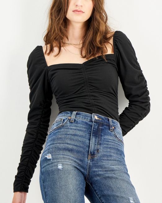 Kingston Grey Juniors' Ruched Sweetheart-Neck Top Black L B4HP