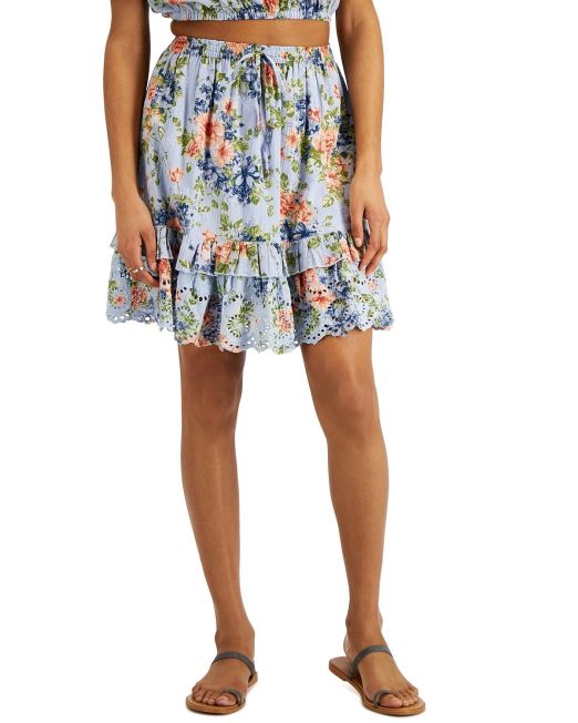 Angie Juniors' Floral-Print Cotton Skirt Blue Floral Medium B4HP