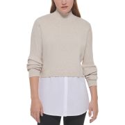 Calvin Klein Women’s Mixed Media Long-Sleeve Sweater Mocha Heather XL B4HP