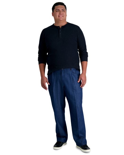 Haggar Men's Big & Tall Stretch Denim Classic-Fit Pleated Pants Blue 44x30 B4HP