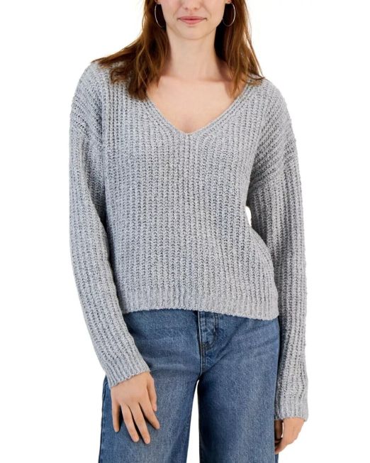 Hooked up by Iot Juniors' Drop-Shoulder V-Neck Sweater Light Grey S B4HP