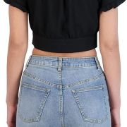 BCBGeneration Women’s Short Sleeve Button Down Tie Front Crop Top Black B4HP
