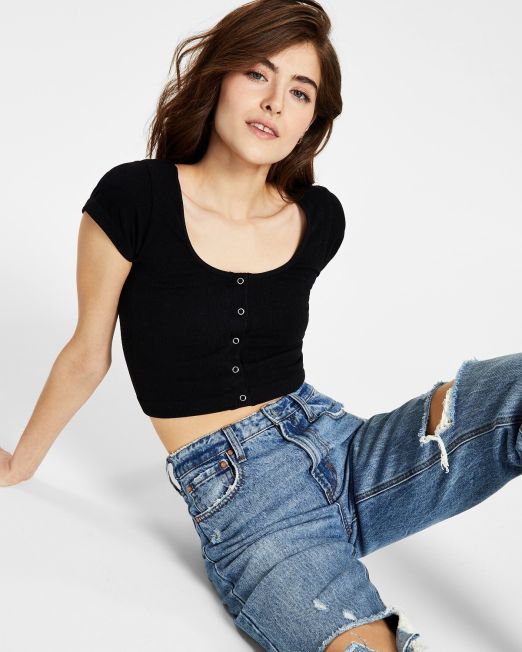 Hippie Rose Junior's Seamless Henley Top Black L B4HP