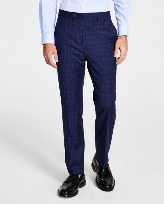 Calvin Klein Men's Slim-Fit Plaid Performance Dress Pants Blue B4HP