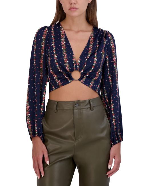 BCBGeneration Women's V-Neck Long-Sleeve O-Ring Top Blue XS B4HP