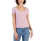 Hippie Rose Juniors' Lettuce-Edge Printed Scoop-Neck Top Pink Floral L B4HP
