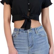 BCBGeneration Women’s Short Sleeve Button Down Tie Front Crop Top Black B4HP
