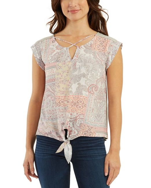 BCX Juniors' Tie-Front Mixed-Media Top Natural Paisley XS B4HP