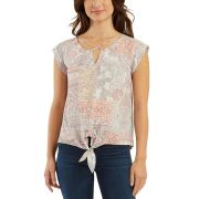 BCX Juniors’ Tie-Front Mixed-Media Top Natural Paisley XS B4HP