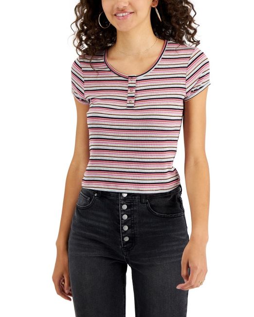 Self Esteem Juniors' Ribbed Henley Top Greypink Medium B4HP