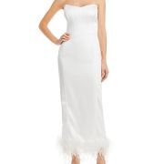Aqua Women’s White Faux Feather Trim Midi Cocktail and Party Dress B4HP