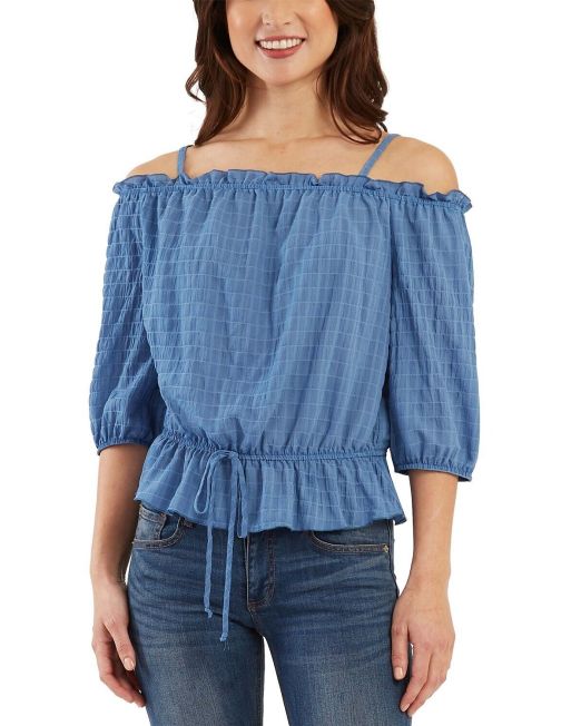 BCX Juniors' Off-The-Shoulder Top Color Denim Large B4HP