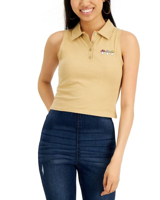 Planet Gold Juniors' Cotton Embroidered Polo Tank Top Incense Mushroom L B4HP