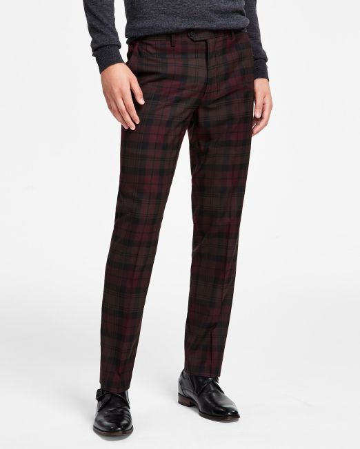 Bar III Men's Slim-Fit Suit Separate Pants Burgundy Plaid 32x32 B4HP $175