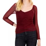 Crave Fame Juniors' Ruched-Front Mesh-Sleeve Top Brandy Port M B4HP
