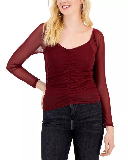 Crave Fame Juniors' Ruched-Front Mesh-Sleeve Top Brandy Port M B4HP