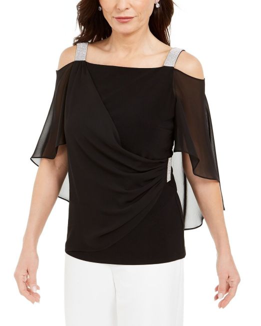 MSK Women's Rhinestone Capelet Cold-Shoulder Top Black Medium B4HP
