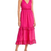 Aqua Women’s Eyelet Smocked Midi V-Neck Hot Pink Dress B4HP
