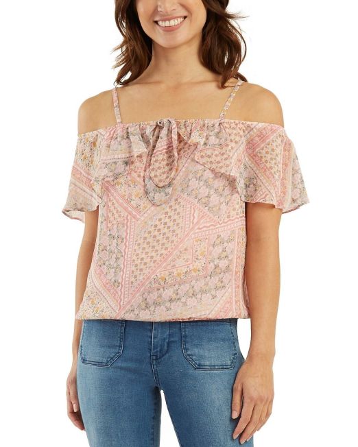 BCX Juniors' Ruffled Cold-Shoulder Top Blush Floral XL B4HP