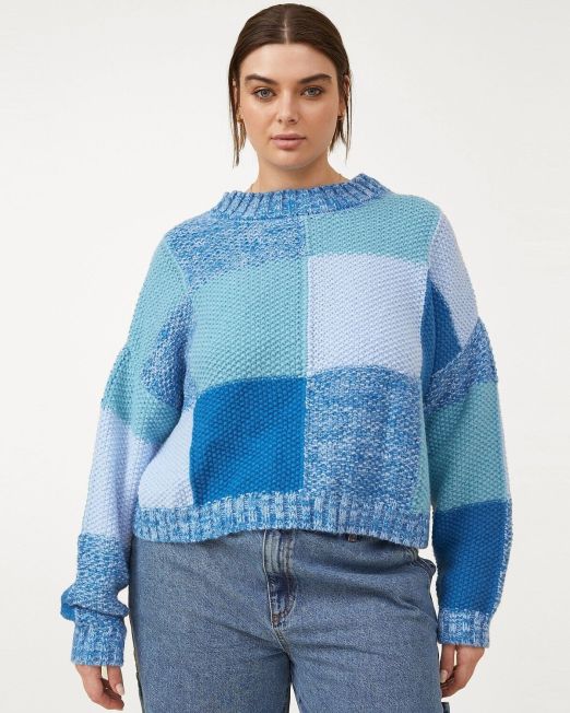 Cotton On Trendy Plus Size Oversized Patchwork Sweater Blue 12W B4HP