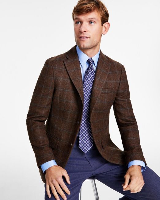 Tommy Hilfiger Men's Modern-Fit All Wool Sport Coats Brown/Blue B4HP $375