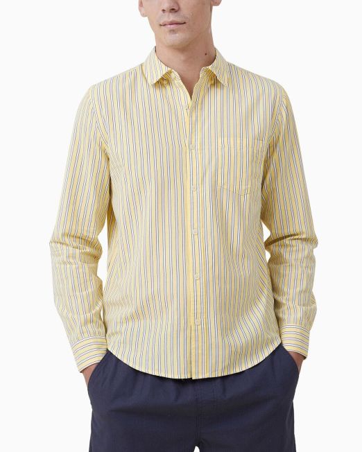 Cotton On Men's Mayfair Long Sleeve Shirt Yellow Stripe B4HP