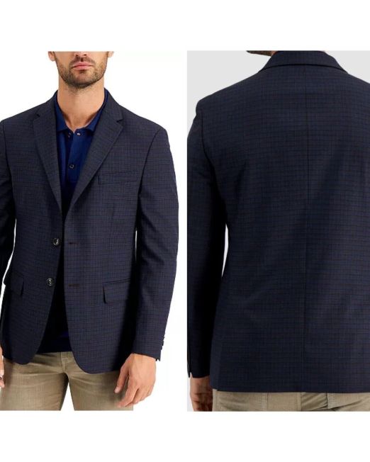 Tommy Hilfiger Men's Modern-Fit Blue Check Plaid Wool Blazer Sport Coat 44R B4HP