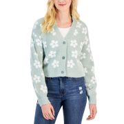 Crave Fame Juniors’ Balloon-Sleeve Eyelash Flower Cardigan Sage Combo L B4HP