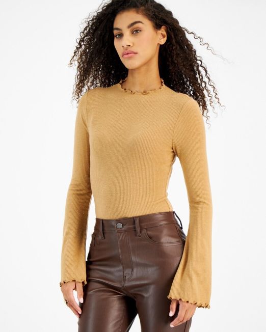 Just Polly Juniors' Long Bell-Sleeve Ribbed Bodysuit Camel M B4HP