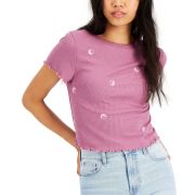 Rebellious One Juniors’ Embroidered T-Shirt Butterfly Ying Yang B4HP